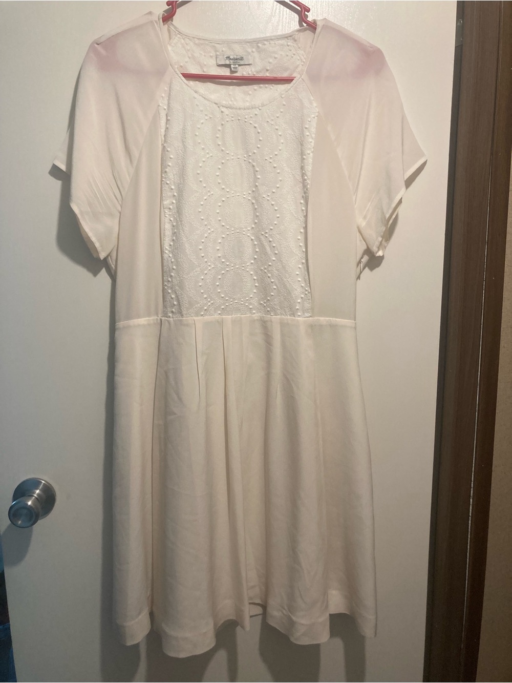 Madewell Cream Short Sleeve Eyelet Panel Silk Dress